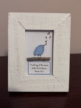 Handcrafted White Rustic Frame with Light Blue Bird Sea Glass Art